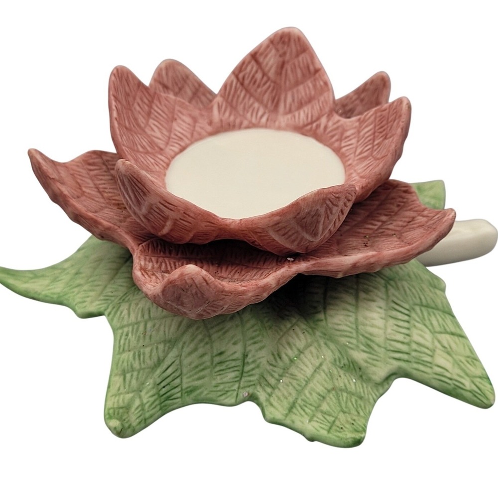Lenox Poinsettia Tealight Holder Ceramic Red Flower Green Leaf Christmas Holiday